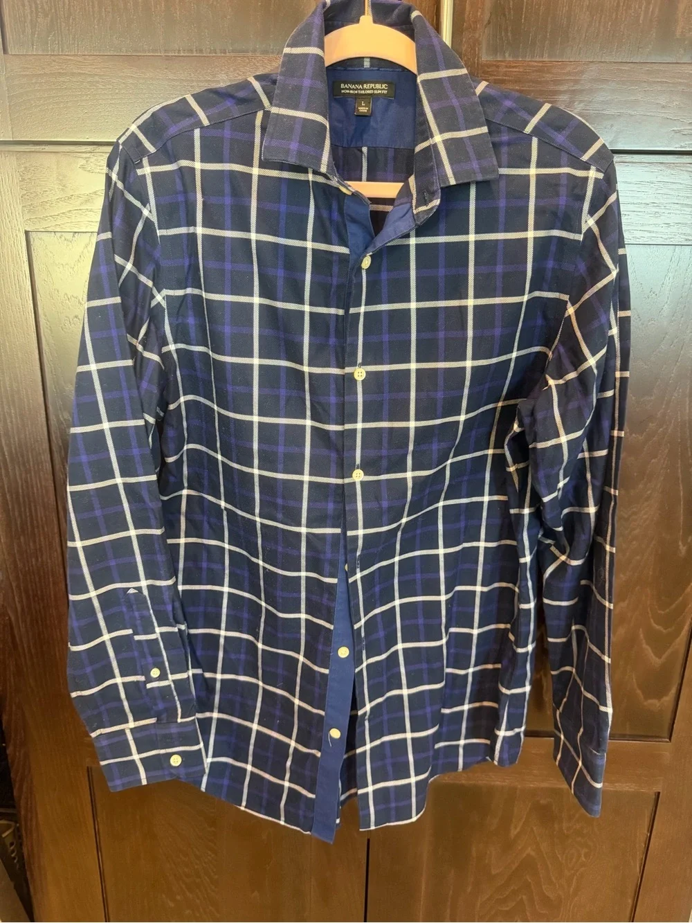 Banana Republic Non-Iron Tailored Slim Fit Plaid Shirt Navy White Men's L